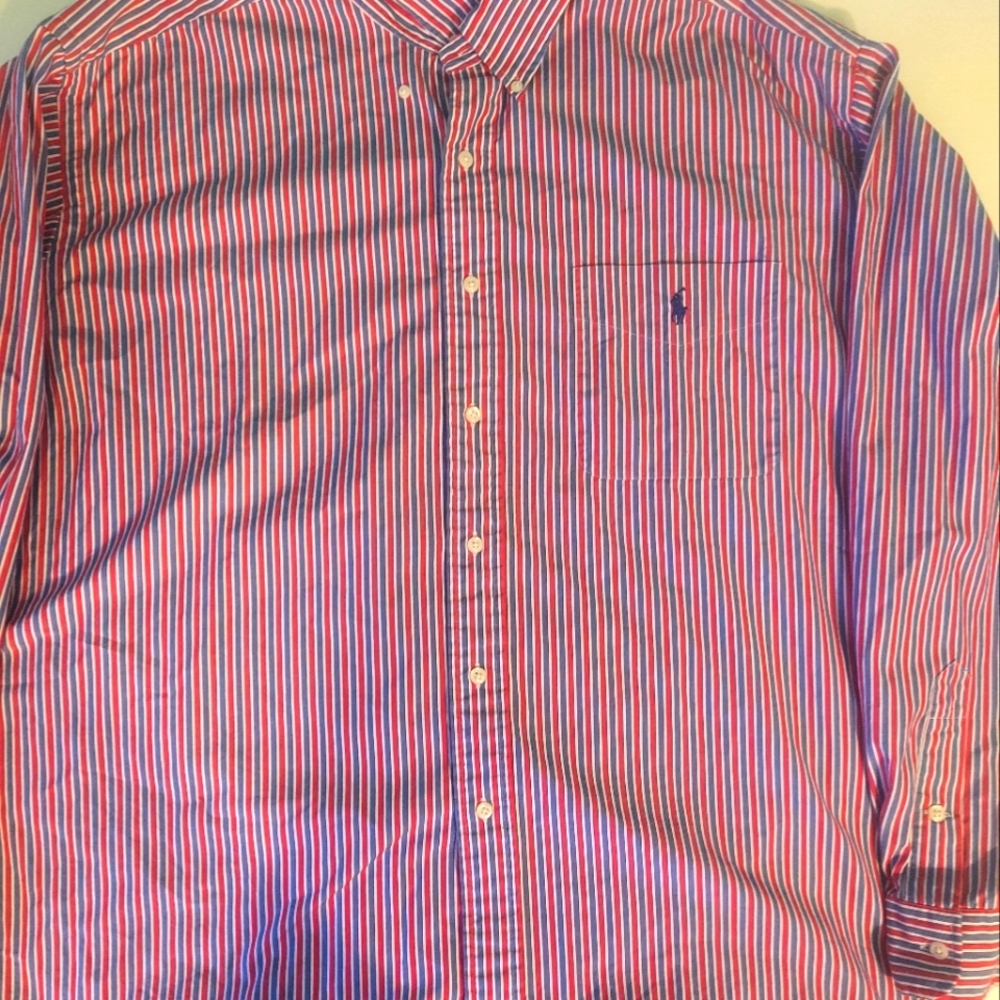Ralph Lauren mens button down red white and blue Stripe shirt. 100% cotton